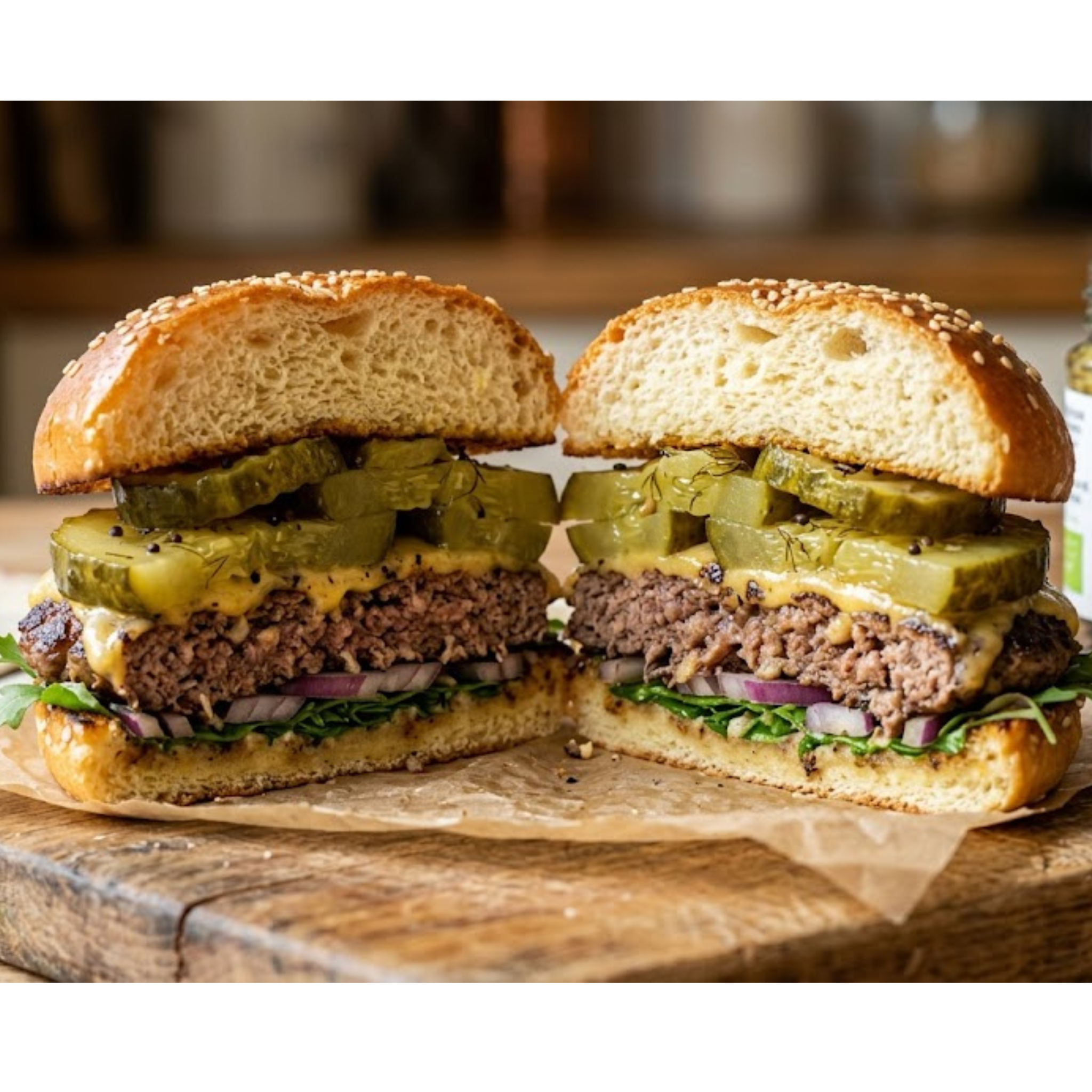 Gourmet burger cross-section featuring thick, crunchy slices of Crooked Pickle Co. Bread & Butter Pickles and melted cheese on a toasted brioche bun.