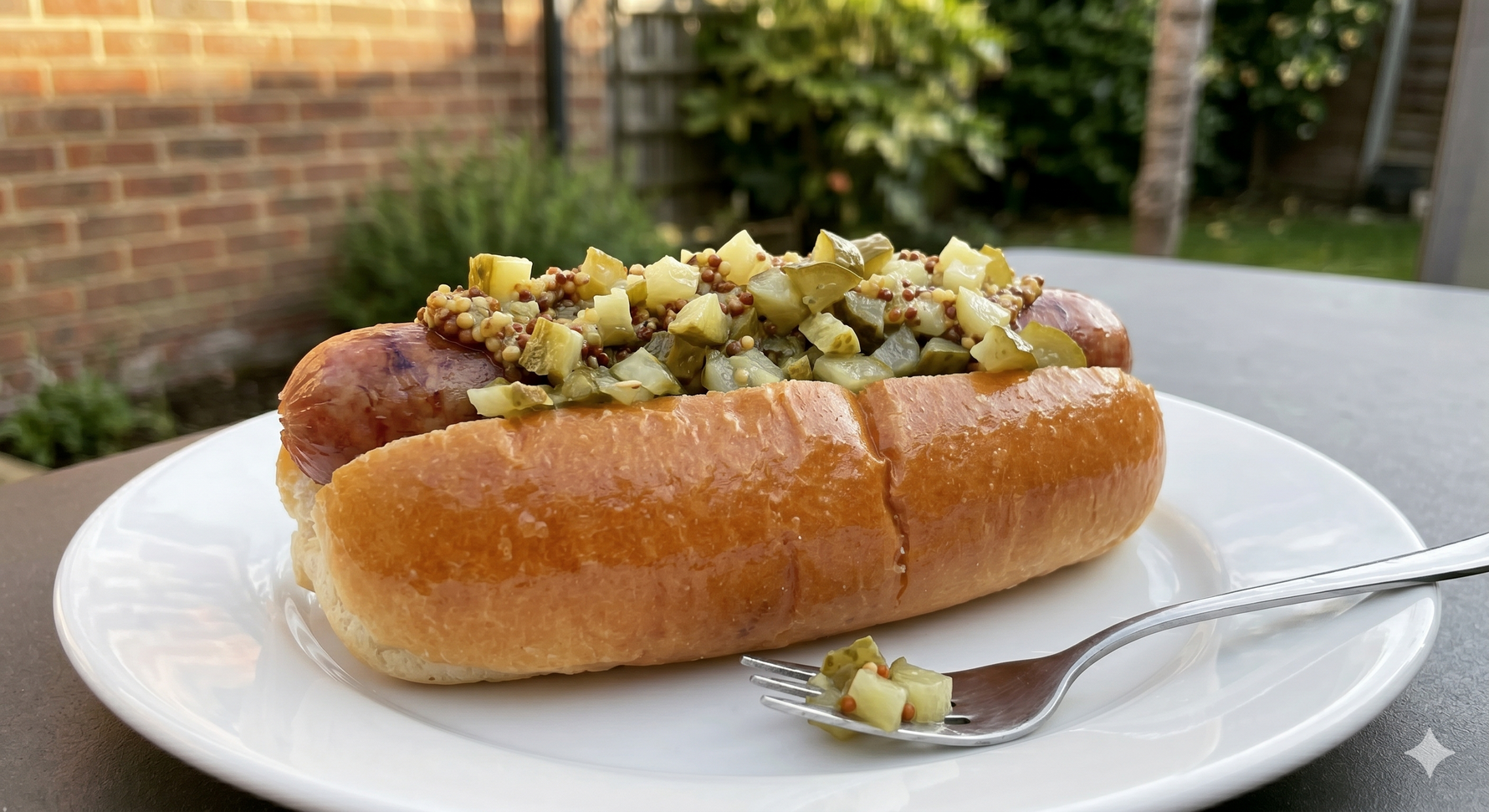 A close-up of a pork hot dog in a soft glazed bun central on a white plate, loaded with rustic, freshly chopped Garlicky Gherkin relish (no jars). Clean background showing brick texture and simple patio green foliage under soft afternoon sunlight.