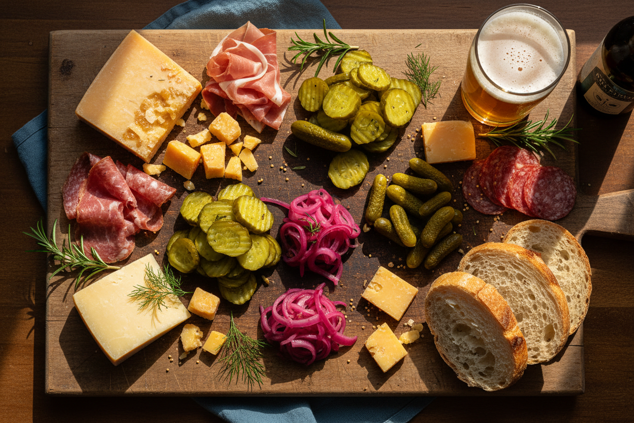 Gourmet British cheeseboard with Breads and Butter Pickles