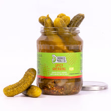 Load image into Gallery viewer, Gherkins made for cheeseboards. Spicy, crunchy, fresh and tasty. Party food and Christmas.